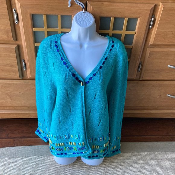 Carson Sweaters - Vintage Carson Turquoise Embellished Cardigan Sweater  X Large